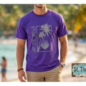 VINTAGE 80s Graphic Shirt Sz Large Purple St Thomas Single Stitch Fade Hanes Tag